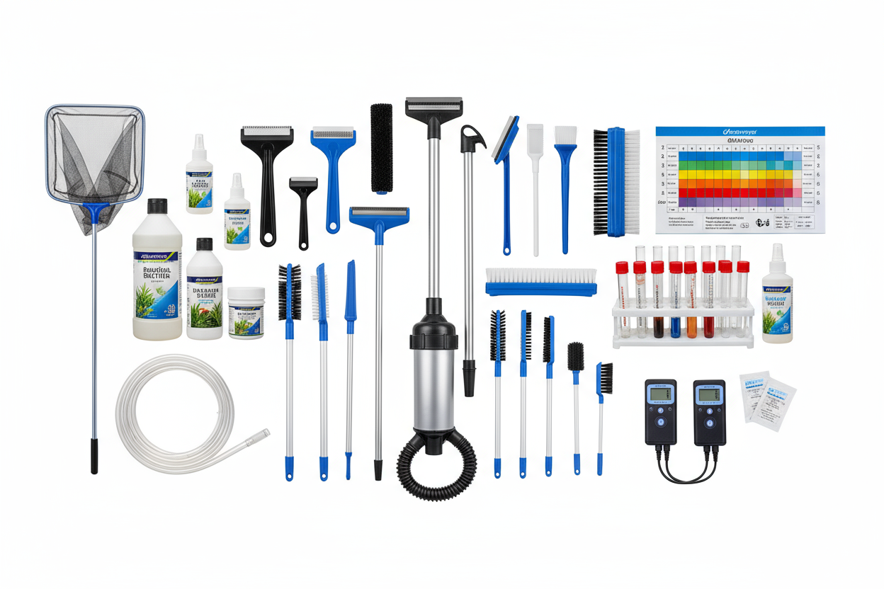 Comprehensive kits including cleaning tools, water testing kits, and maintenance accessories for ongoing care of large aquariums.