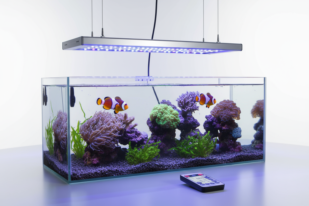 Energy-efficient LED lighting designed to simulate natural sunlight and enhance the color of aquatic life. Programmable systems include dimming, sunrise/sunset cycles, and remote control.
